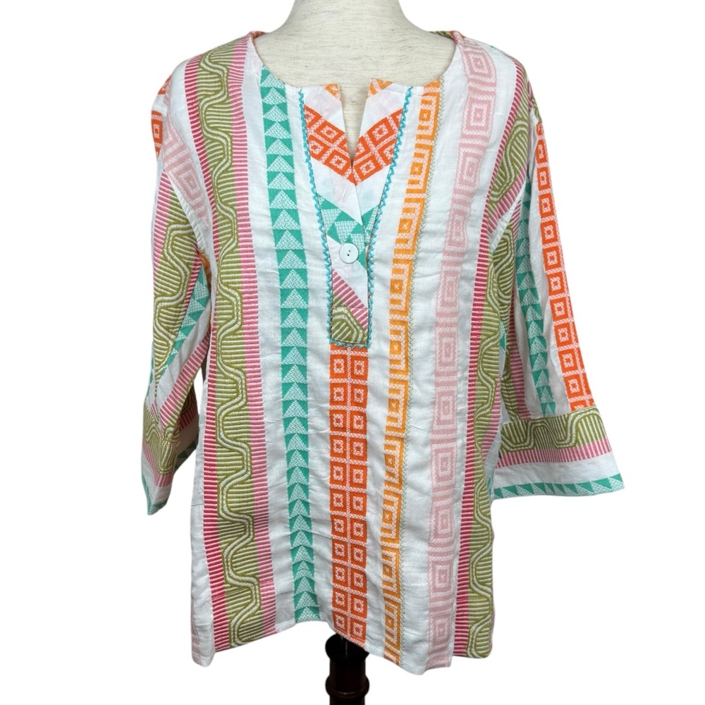 Tru Luxe Jeans Y neck multicolored strip boxy top laven look tribal size XL